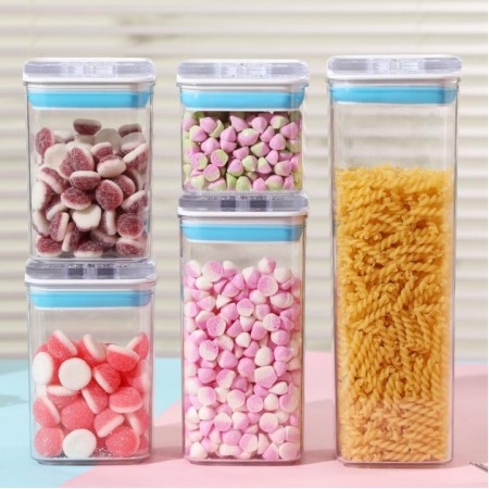 Cutii de Depozitare Alimente, Flippy, Set din 5 Cutii de tip Container, 1x0.5 l, 2x0.8 l, 1x1.2 l, 1x1.9 l, Recipiente pentru Cereale in Bucatarie,  Transparente cu Capac Albastru-Alb