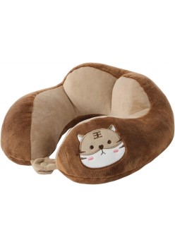 Pernă de Călătorie Ergonomică pentru Gât și Cap, Umplutură Moale din Bumbac, Design Confortabil, Model Brodat Pisică, 28x28x10 cm, Maro