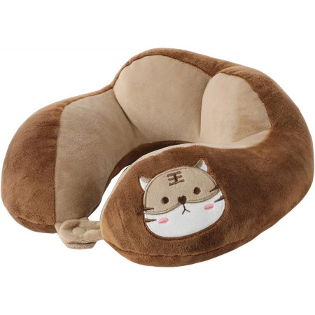 Pernă de Călătorie Ergonomică pentru Gât și Cap, Umplutură Moale din Bumbac, Design Confortabil, Model Brodat Pisică, 28x28x10 cm, Maro