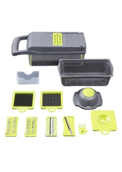 Feliator Multifunctional, Flippy, Razatoare, 8 in 1, pentru Fructe si Legume, 10 Piese, Lame de Inox, Recipient Stocare, Separator Oua, Protectie Mana, ABS, 32.2x11.3 cm, Verde/Gri