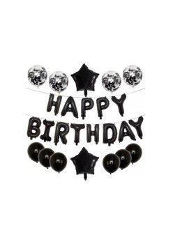 Set 25 de Baloane din Folie Metalizata si Latex, Flippy, Figurine 2 Stele, 4 Baloane Confetti, 13 Litere, 6 Latex, Model Happy Birthday, Tema Aniversare, 40 cm, Ambalaj Individual, Pai Inclus, Umflare cu Aer sau Heliu, Negru