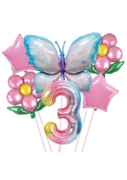 Set baloane aniversare cu numere, din folie de aluminiu, 6 piese, 2 flori, 2 stelute, 1 fluture, 1 cifra, Multicolor, Cifra 3