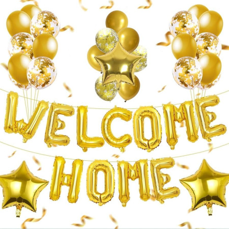 Set Baloane din Folie Metalizata, Flippy, Model WELCOME!, Litere de 40 cm, Baloane Party, Ambalaj Individual, Pai Inclus, Umflare cu Aer sau Heliu, Auriu