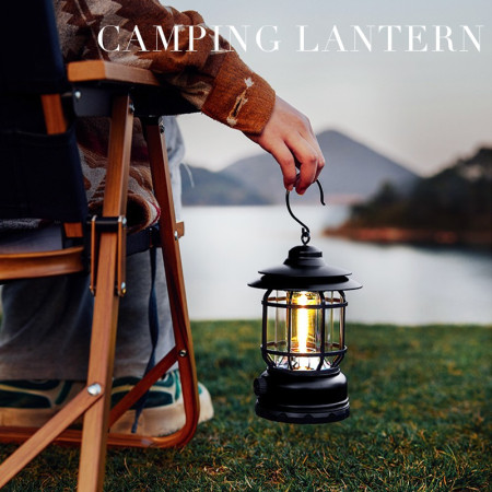 Felinar Camping Vintage Portabil, 21 COB LED, Intensitate Reglabilă, Iluminare 360°, Cu Cârlig, 5W, Negru