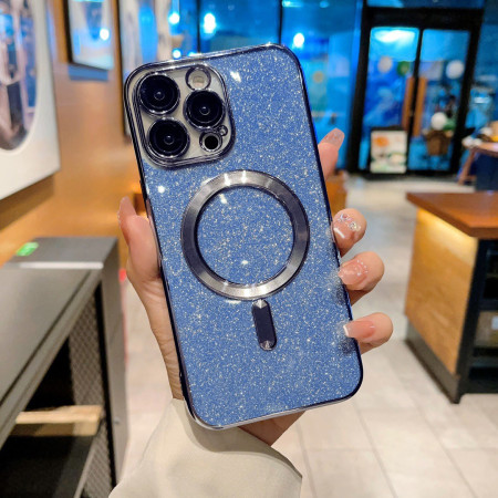 Husa de Protectie 2 in 1, Flippy, pentru iPhone 14 Pro, Glitter Chrome Magsafe, din TPU, Magnetica, cu Protectie Lentila, Albastru Marin