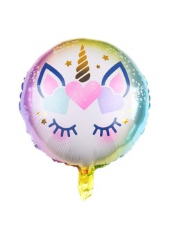 Balon din Folie Metalizata, Flippy, Mini Figurina Rotunda, Model Unicorn, Happy Birthday, Tematica Aniversare, 45 cm, Ambalaj Individual, Pai Inclus, Umflare cu Aer sau Heliu, Multicolor