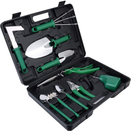 Set 10 Unelte de Grădină, Mânere Verzi, Oțel Inoxidabil, Cutie Inclusă, 37x28x7 cm, Negru – Pentru Plantare, Sol și Îngrijire Plante