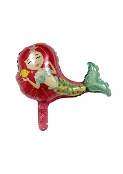 Balon din Folie Metalizata, Flippy, Mini Figurine, Model Sirena cu Par Rosu, Tematica Aniversare, 39x37 cm, Ambalaj Individual, Pai Inclus, Umflare cu Aer sau Heliu, Multicolor