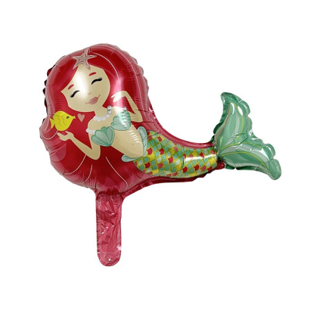 Balon din Folie Metalizata, Flippy, Mini Figurine, Model Sirena cu Par Rosu, Tematica Aniversare, 39x37 cm, Ambalaj Individual, Pai Inclus, Umflare cu Aer sau Heliu, Multicolor