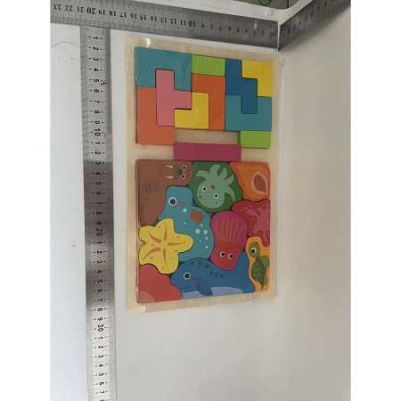 Puzzle Montessori din Lemn pentru Copii, Flippy, Tip Tetris 2in1 +3 Ani, cu Animale Marine Colorate 3D, Educativ, Intuitiv, Creativ, 21 de Piese, 28.5x17x1.2 cm, Multicolor