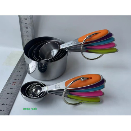 Set 10 Piese de Masurare, Flippy, 5 Linguri Gradate + 5 Cesti Gradate, Otel Inoxidabil + Silicon, 19 x 8 x 9 cm, Multicolor