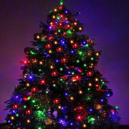 Instalatie de Craciun beculet in 6 colturi, 8 jocuri de lumini, liniara, 24 m, din care 1 m cablu priza 220V, 300 LED, controler, fir negru, multicolor