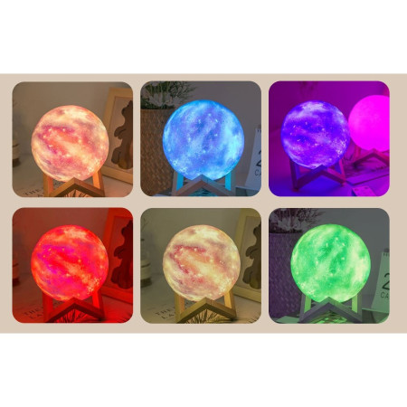 Lampa de veghe cu telecomanda  in forma de luna cu stele 3D Moon Light 7 culori, alimentare baterii, stand din lemn inclus, 15 cm, Flippy