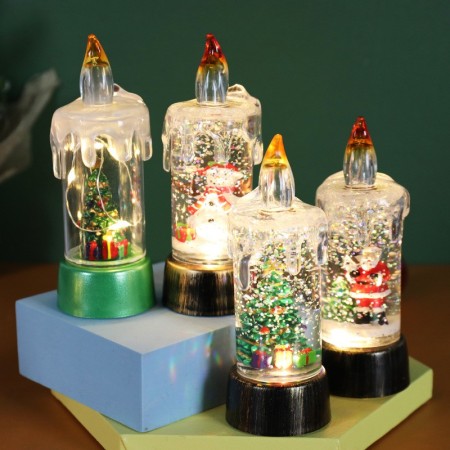 Decoratiune de Craciun tip Lumanare, Flippy, Lumanare de Cristal cu Fulgi de Zapada, Model Om de Zapada cu Sclipici, Iluminare LED, 13 x 5 x 5 cm, Baza Vintage Bronze, Transparent