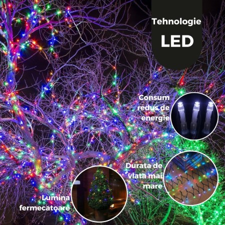 Instalatie de Craciun Liniara, 8 Jocuri de Lumini, Protectie anti-inghet, Fir Cupru, Controler, 50 m, 1 m Prelungitor 220V, 498 LED, Fir Negru, Multicolor