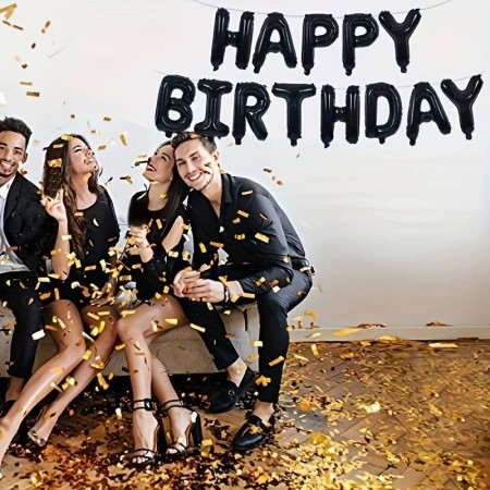 Set 25 de Baloane din Folie Metalizata si Latex, Flippy, Figurine 2 Stele, 4 Baloane Confetti, 13 Litere, 6 Latex, Model Happy Birthday, Tema Aniversare, 40 cm, Ambalaj Individual, Pai Inclus, Umflare cu Aer sau Heliu, Negru