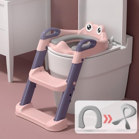 Reductor WC Copii cu Scaunel Inaltator, 1-7 Ani, Colac Moale, 2 Trepte Reglabile, Pliabil, cu Spatar si Manere, Roz-Mov