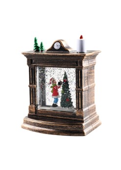 Decoratiune de Craciun tip Semineu / Ceas, Flippy, Glob de Cristal cu Fulgi de Zapada, Model Elf, Iluminare LED, 11.5 x 8.5 x 6.5 cm, Carcasa Vintage Bronze, Transparent
