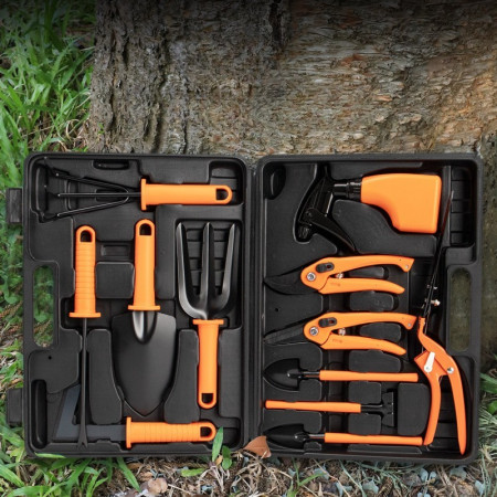 Set 12 Unelte Grădină cu Geantă de Depozitare, Accesorii din Oțel Inoxidabil, 37x27 cm, Mânere Portocalii