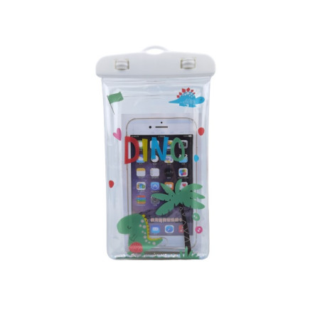 Husa subacvatica Glitter Kids Waterproof Flippy, Snowproof, Universala, cu Snur, pentru telefon sau documente, Dino, Alb