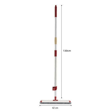 Mop Plat cu Laveta din Microfibra, Flippy, Pentru Uz Casnic, cu 2 Lavete Incluse, Sistem de Stoarcere, Tija Telescopica 130 cm, Rotire 360°, 42 x 130 cm, Rosu