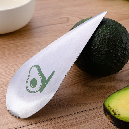 Taietor special pentru avocado Flippy, 3 in 1, forma curbata, zimti pentru apucare si taiere, din otel inoxidabil, 15 x 6 cm, gri