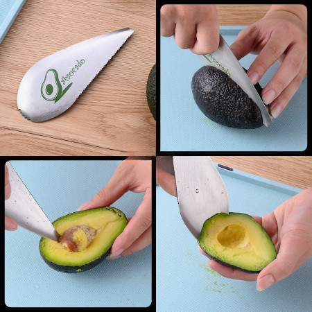 Taietor special pentru avocado Flippy, 3 in 1, forma curbata, zimti pentru apucare si taiere, din otel inoxidabil, 15 x 6 cm, gri