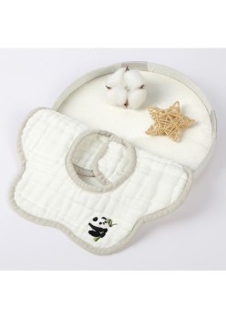 Baveta din Bumbac pentru Copii, Flippy, 0-12 Luni, 26x29 cm, Rezistenta la Apa, 8 Straturi, cu Capse, Model Tricotat cu Panda, Alba