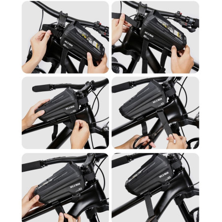 Borseta pentru bicicleta cu suport de telefon Flippy, capcitate 1L, 20.5x11.1x10.5 cm, cu spatiu de stocare, protectie waterproof, ecran tactil, fixare in 3 locuri, protectie lumina, orificiu casti, negru