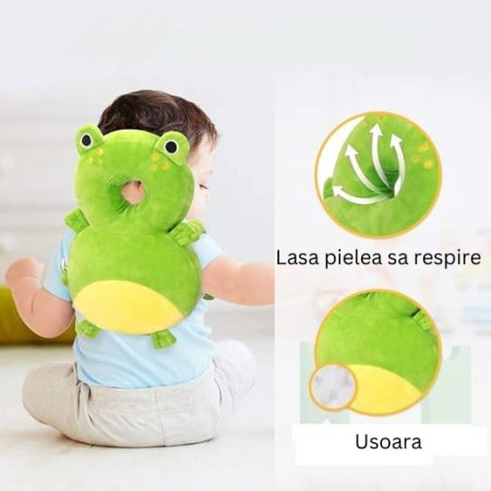 Rucsac cu Pernă de Protecție pentru Cap, Model Broscuță, Tetieră Moale pentru Bebeluși, 33x6x19 cm, 180 g, Verde