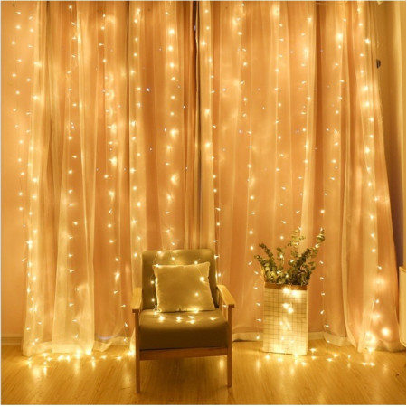 Instalatie Craciun, Tip Perdea, IP44, 4 m x 2 m, 480 LED-uri, Alb cald, cu flash, Transformator cu telecomanda, Interconectabila, Prelungitor 5 m inclus, Fir transparent, Interior/ Exterior, Flippy