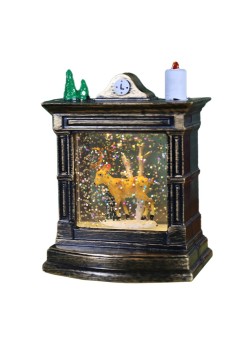 Decoratiune de Craciun tip Semineu / Ceas, Flippy, Glob de Cristal cu Fulgi de Zapada, Model Ren, Iluminare LED, 11.5 x 8.5 x 6.5 cm, Carcasa Vintage Bronze, Transparent