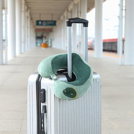 Pernă de Călătorie pentru Gât și Cap, Confort Ergonomic, Umplutură Moale din Bumbac, Model Brodat Dinozaur, 28x28x10 cm, Verde