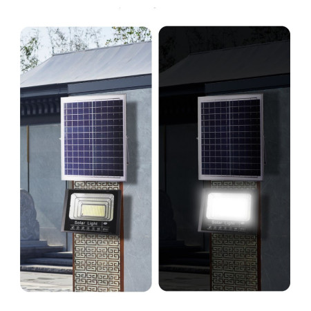 Proiector LED/Lampa solara de exterior Flippy, 20 cm x 25 cm, Rezistent la Apa IP67, cu Panou Solar, 220 LED SMD, 100W, Senzor de lumina, Timer, cu Telecomanda, 2 moduri de iluminat, kit montaj inclus, Lumina Rece