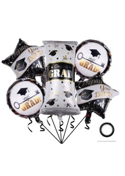Baloane cu tematica Absolvire, Flippy, set din 5 baloane, 1 Figurina Diploma, 2 stele, 2 rotunde, din folie de aluminiu, 70 x 40 cm, Aer si Heliu, Alb Negru