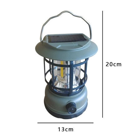 Lampa Camping Portabilă Felinar Vintage, 30 COB LED, 5W, Intensitate Reglabilă, Acumulator 1200mAh, Încărcare Solară & USB, 360°, ABS, Verde