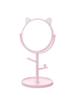 Oglina Cosmetica cu Picior, Flippy, HD, Rotire 360 Grade, 15 cm Diametru, Suport Bijuterii Baza Rotunda + 2 Brate, Model cu Urechi, 31 x 14.5 x 15 cm, din Plastic, Roz/Alb