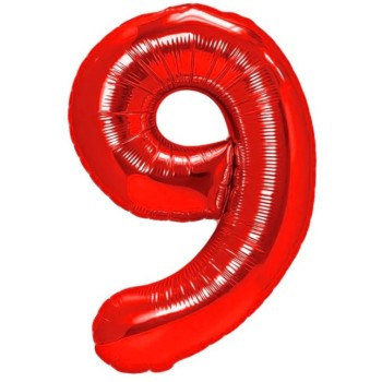 Balon din Folie Metalizata Flippy, Figurina Cifra, Tema Aniversare 80 cm, Ambalaj Individual, Pai inclus, Umflare cu Aer sau Heliu, Rosu, Cifra 9