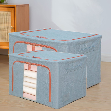 Cutie de Depozitare Pliabilă, 24L, Bumbac & In, 40x30x20 cm, Fermoar Bidirecțional, Fereastră Frontală, Cadru Metalic, Bază Stabilă, Bleu