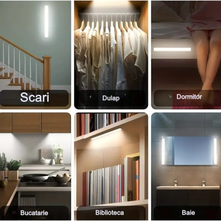 Lampa LED cu Senzor de Lumina si Miscare 30 cm, Flippy, Intensitate Reglabila, Suport Magnetic, 79 LED-uri, 114.59lm , Acumulator 600mAh cu Reincarcare prin USB-C, pentru Bucatarie, Hol, Dressing, Garaj