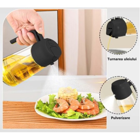 Recipient Ulei, Flippy, 2in1, Functie Spray/Turnare, din Sticla, 470 ml, Fara Scurgere, Negru