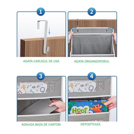 Organizator Suspendat pentru Usi, Flippy, din Nailon si Plasa, Baza de Carton Ingrosat, 5 Buzunare Principale + 5 Buzunare Laterale, 146 x 40 x 17 cm, 2 Carlige Incluse, Gri