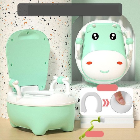 Olita pentru Copii, Flippy, +1an, Portabila, Design Vacuta cu Capac, Model Prietenos, Non-Toxic, cu Manere, Compartiment Detasabil, Perie Inclusa, Usor de Curatat, Verde