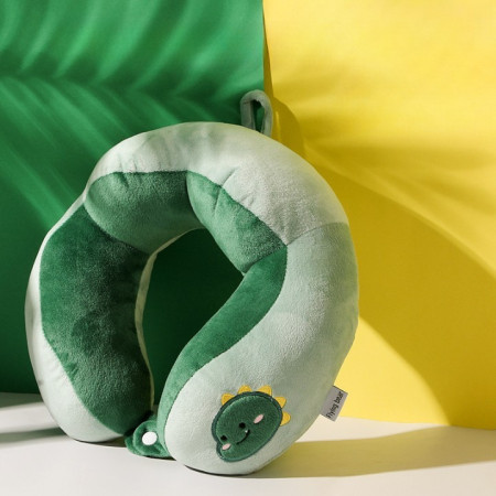 Pernă de Călătorie pentru Gât și Cap, Confort Ergonomic, Umplutură Moale din Bumbac, Model Brodat Dinozaur, 28x28x10 cm, Verde