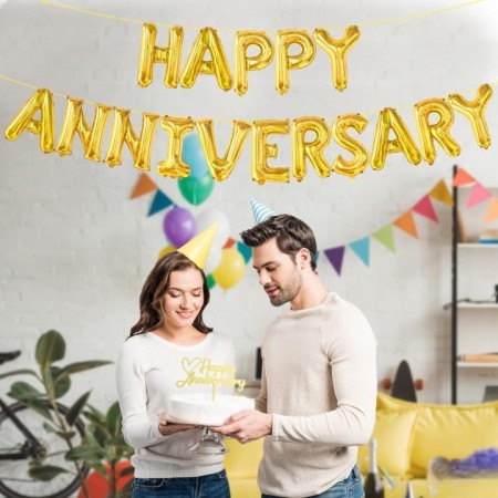Set Baloane din Folie Metalizata, Flippy, Model Happy Anniversary, Litere de 40 cm, Baloane Party, Ambalaj Individual, Pai Inclus, Umflare cu Aer sau Heliu, Auriu
