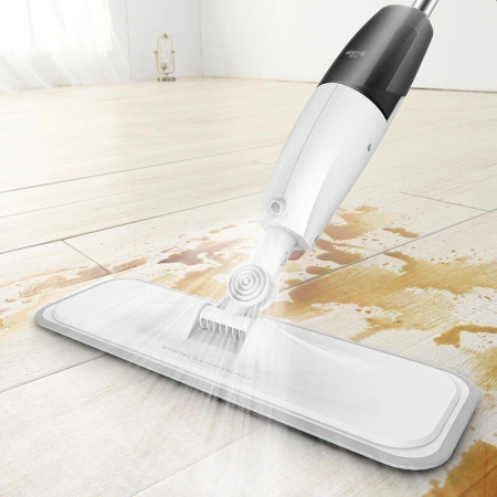 Mop plat, Flippy, cu pulverizator, pentru uz casnic, plastic, rezerva de mop din microfibra, 125x40 cm, Alb/Negru