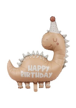 Balon din Folie Metalizata, Flippy, Figurina Animata, Model Dinozaur Happy Birthday, 80 x 77 cm, Ambalaj Individual, Pai Inclus, Umflare cu Aer sau Heliu, Maro