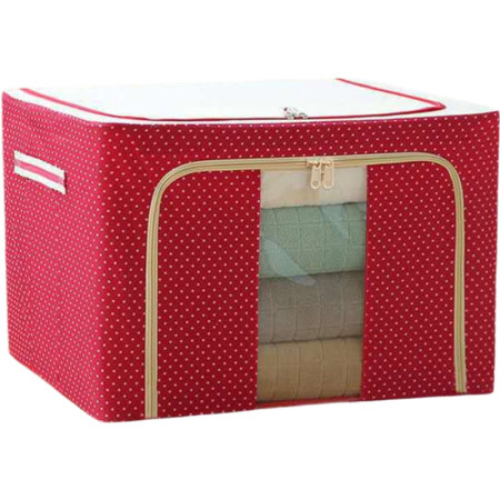 Cutie de Depozitare Pliabilă Premium, 100L, Textil Durabil, Cadru Metalic, Fermoar Rezistent, Fereastră Frontală, Imprimeu Punctat, 60x42x40 cm, Roșu