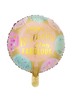 Balon din Folie Metalizata, Flippy, Mini Figurina Rotunda, Model Happy Birthday Stay Fabulous, Tematica Aniversare, 45 cm, Ambalaj Individual, Pai Inclus, Umflare cu Aer sau Heliu, Multicolor