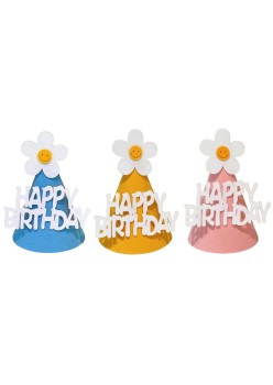 Set 3 Coifuri Happy Birthday, Flippy, pentru Petrecere, Tematica Aniversare, cu Floare din Spuma, Multicolor